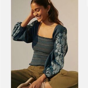 Anthropologie Turquoise Embroidered Top